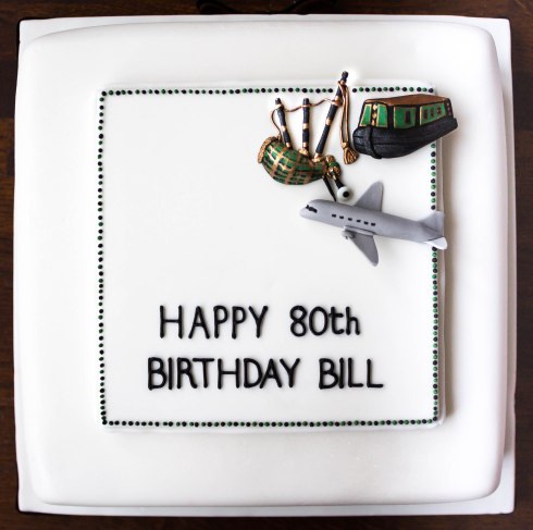 Bagpipes, Canal Boat and Aeroplane 80th Birthday Cake